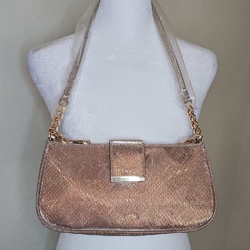 Aldo Shimmering Rose Gold Snakeskin Embossed Shoulder Bag with Chain Strap